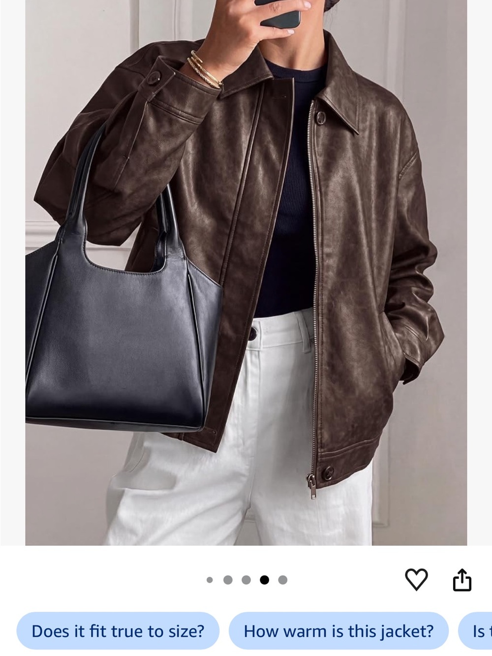 Women's Dark Brown Faux-Leather Bomber Jacket